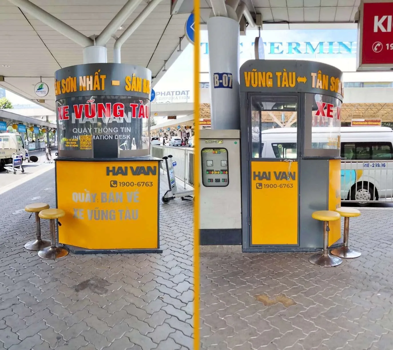 Hai Van ticket desk for Vung Tau buses outside a Tan Son Nhat terminal