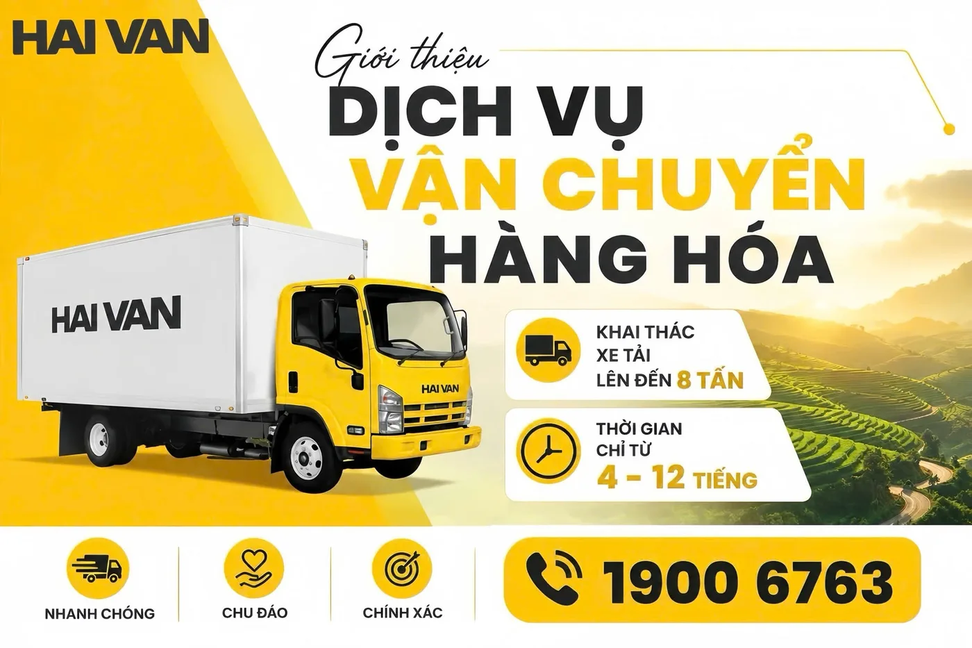 Hai Van freight service poster: trucks up to 8 tonnes, delivery from 4 to 12 hours